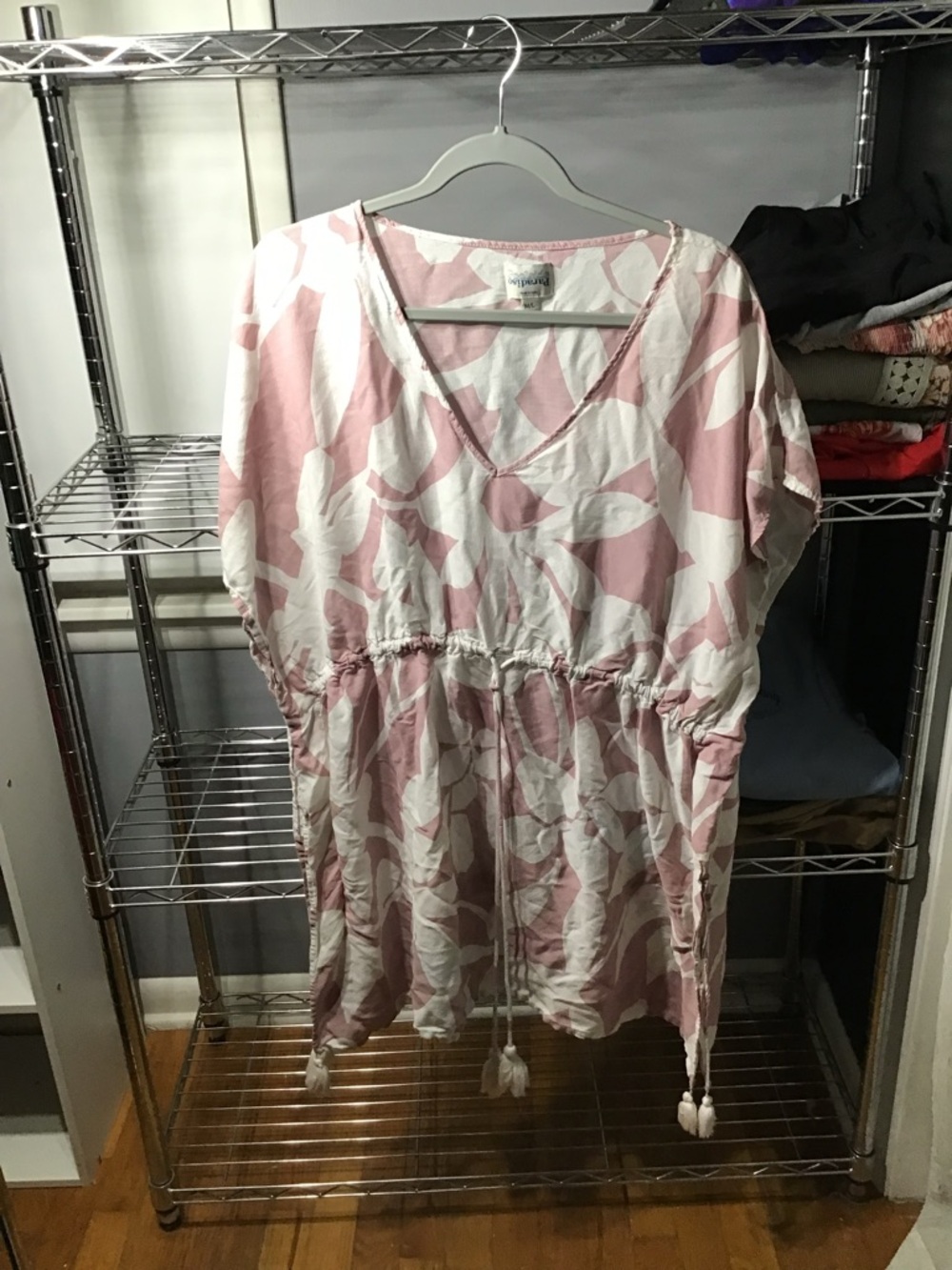 Pink and White Leaf-Print V-Neck Swim Coverup Tunic